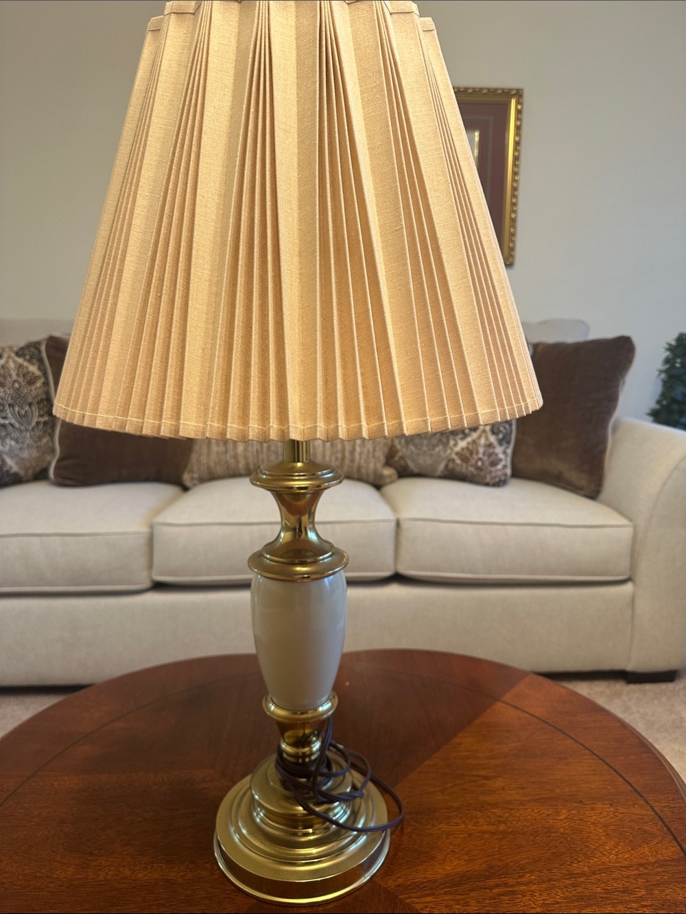 Brass and Cream Table Lamp with Beige Fabric Shade